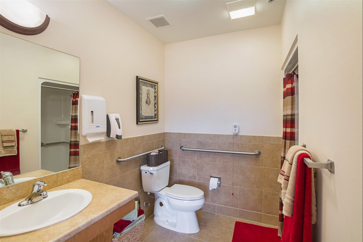 A clean and accessible bathroom with safety features like grab bars, decorated with red accents.