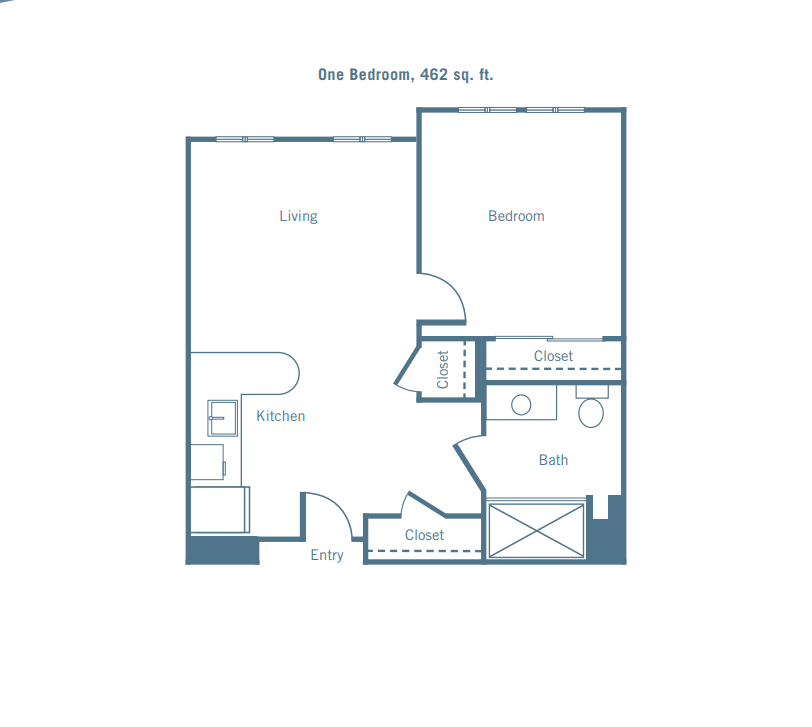 A floor plan of a one-bedroom apartment measuring 492 square feet.