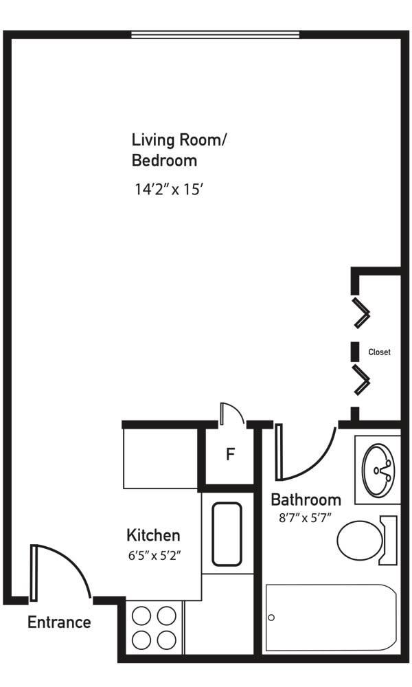 Studio apartment floor plan with combined living/bedroom, kitchen, and bathroom areas.