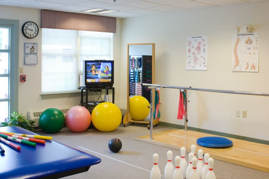 A physical therapy room equipped with exercise balls, parallel bars, and a mirror for rehabilitation exercises.