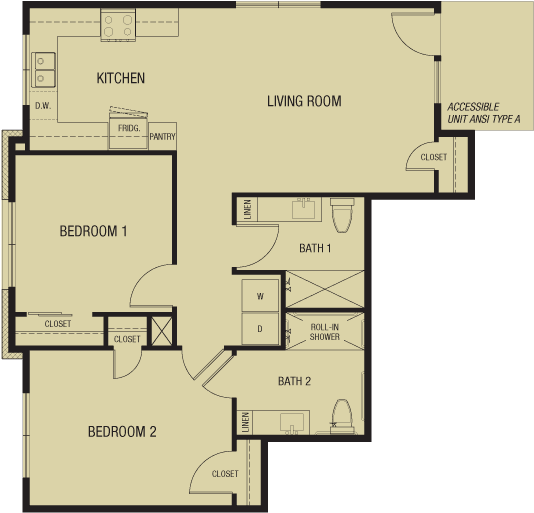A detailed floor plan of an apartment featuring two bedrooms, a kitchen, and a living room.