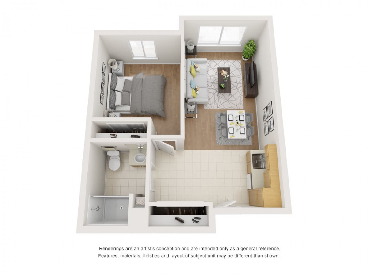 3D rendering of a modern one-bedroom apartment layout with living room, kitchen, and bathroom.