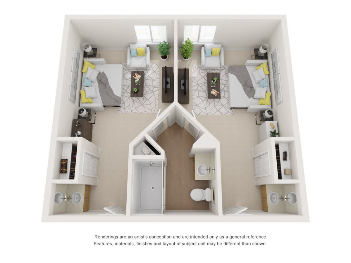 3D floor plan of a two-bedroom apartment featuring separate living areas and shared bathroom.