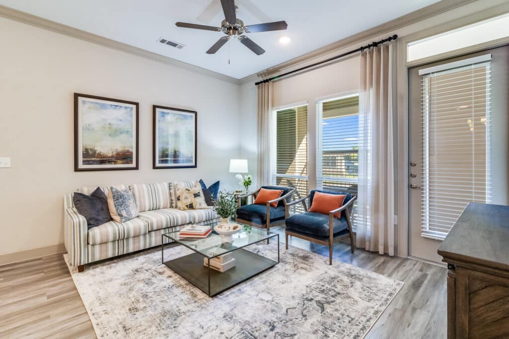 A modern living room with stylish furniture and elegant decor.
