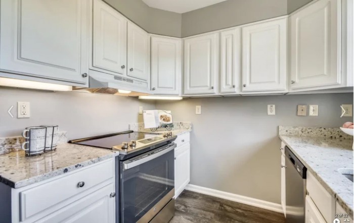 A modern kitchen with white cabinets, a stove, and a microwave.