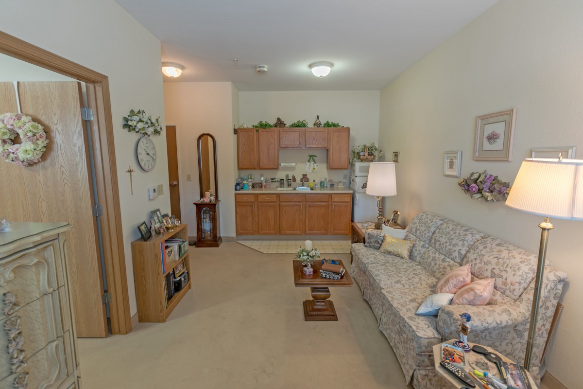 A cozy living room with a small kitchenette, featuring a sofa and homey decorations.