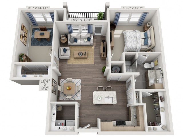 A 3D floor plan of a modern apartment featuring two bedrooms, a kitchen, and a living room.