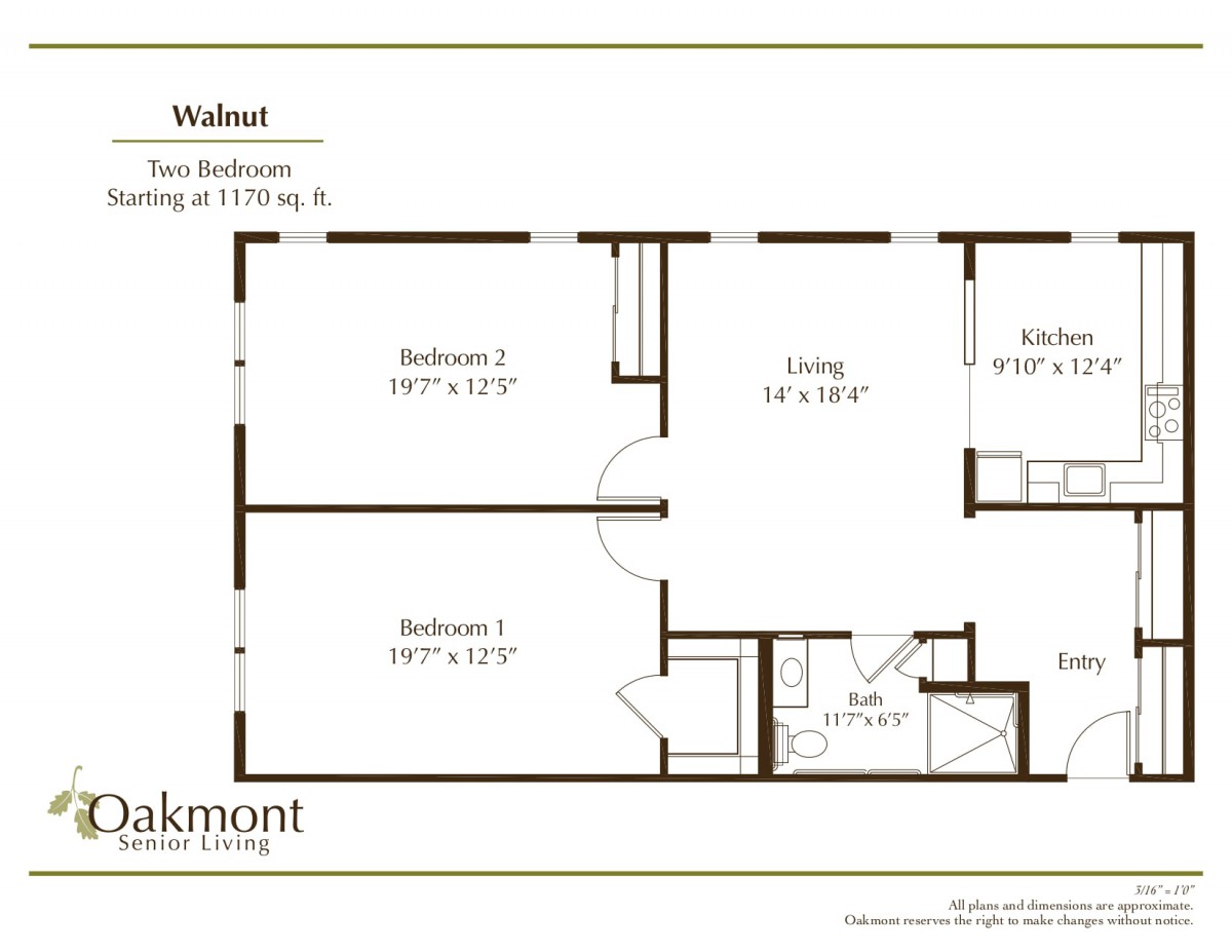 Floor plan of a two-bedroom apartment showing room dimensions.