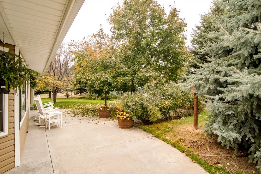 A serene backyard patio surrounded by lush trees and landscaping, capturing the essence of fall.