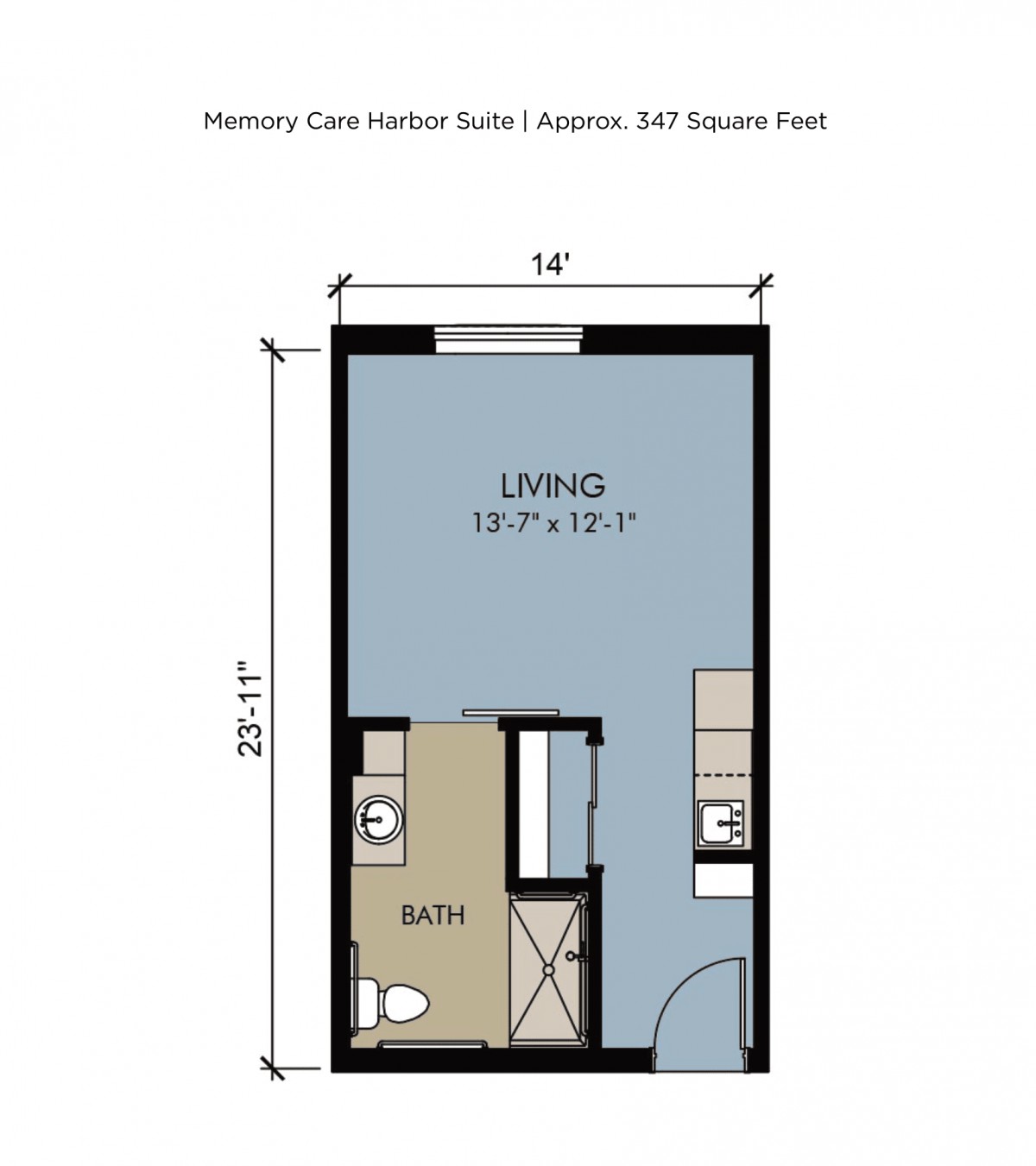Floor plan of a studio apartment measuring 347 square feet, featuring living area and bathroom layout.