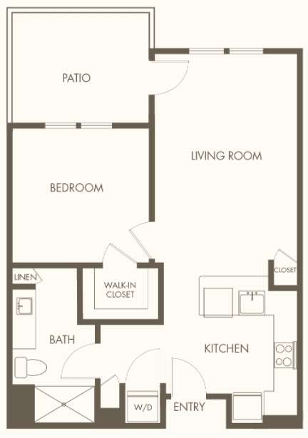 A floor plan of a one-bedroom apartment featuring a living room, kitchen, bathroom, and patio.