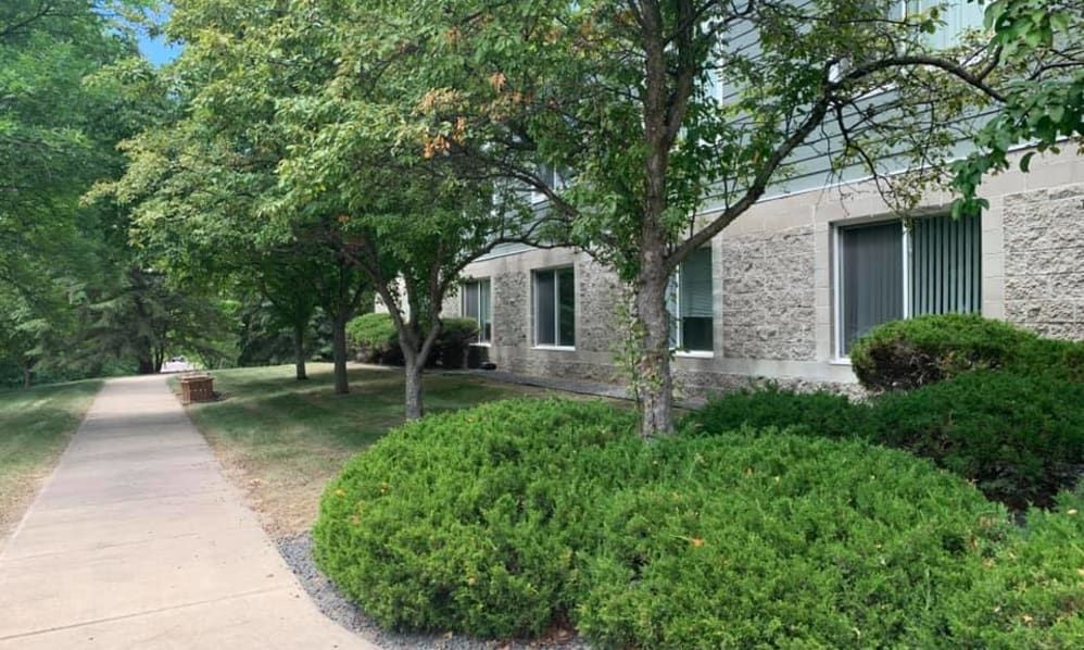A sidewalk running alongside a building with trees and bushes in a landscaped area.