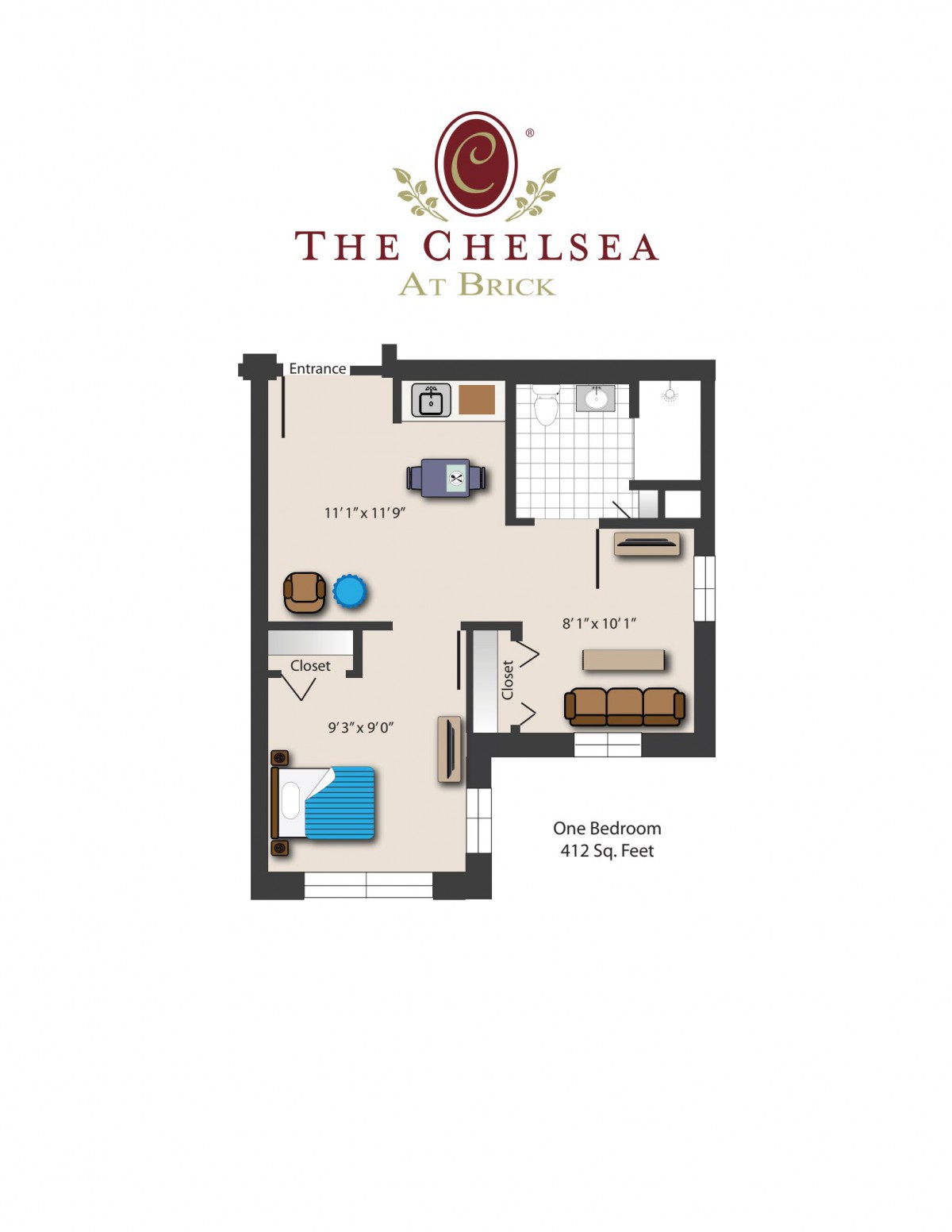 One-bedroom apartment floor plan at The Chelsea.