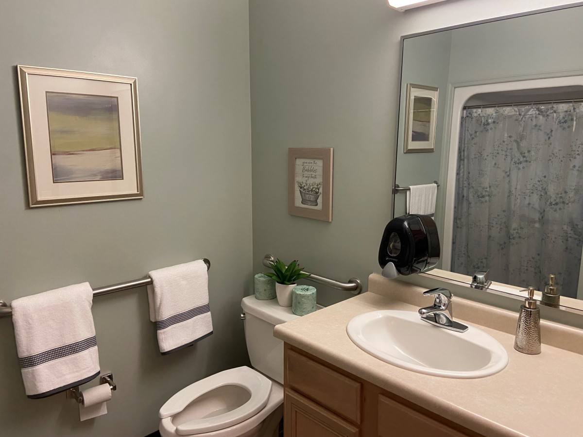 A neat and clean bathroom with a sink, mirror, toilet, and decorative elements like wall art and towels.