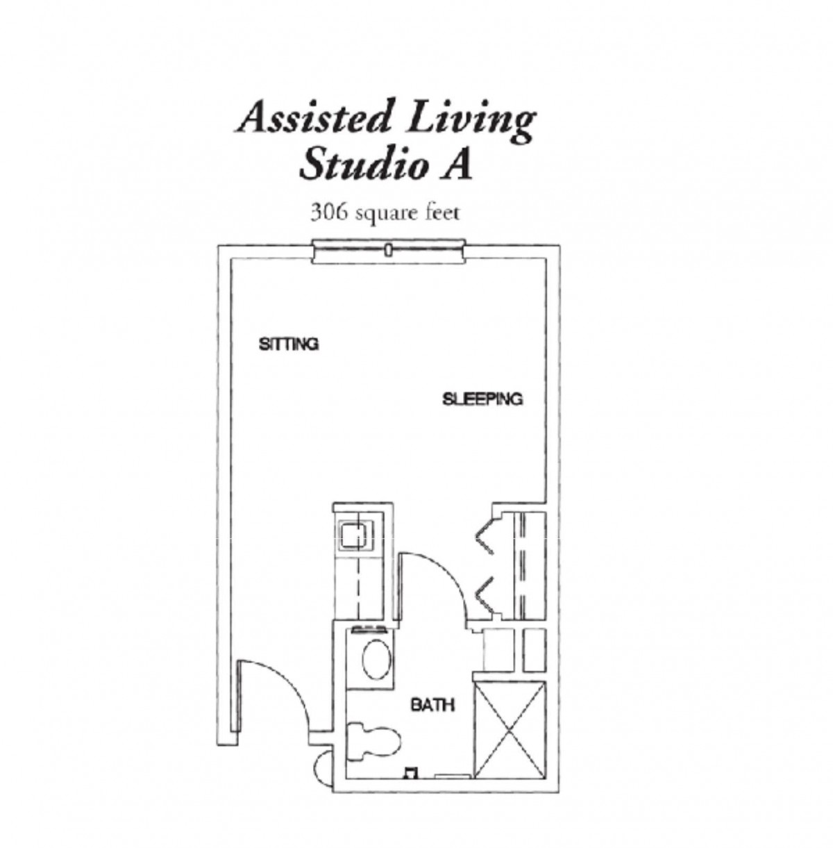 Studio A floor plan for assisted living, featuring a sleeping area, sitting area, and bath.