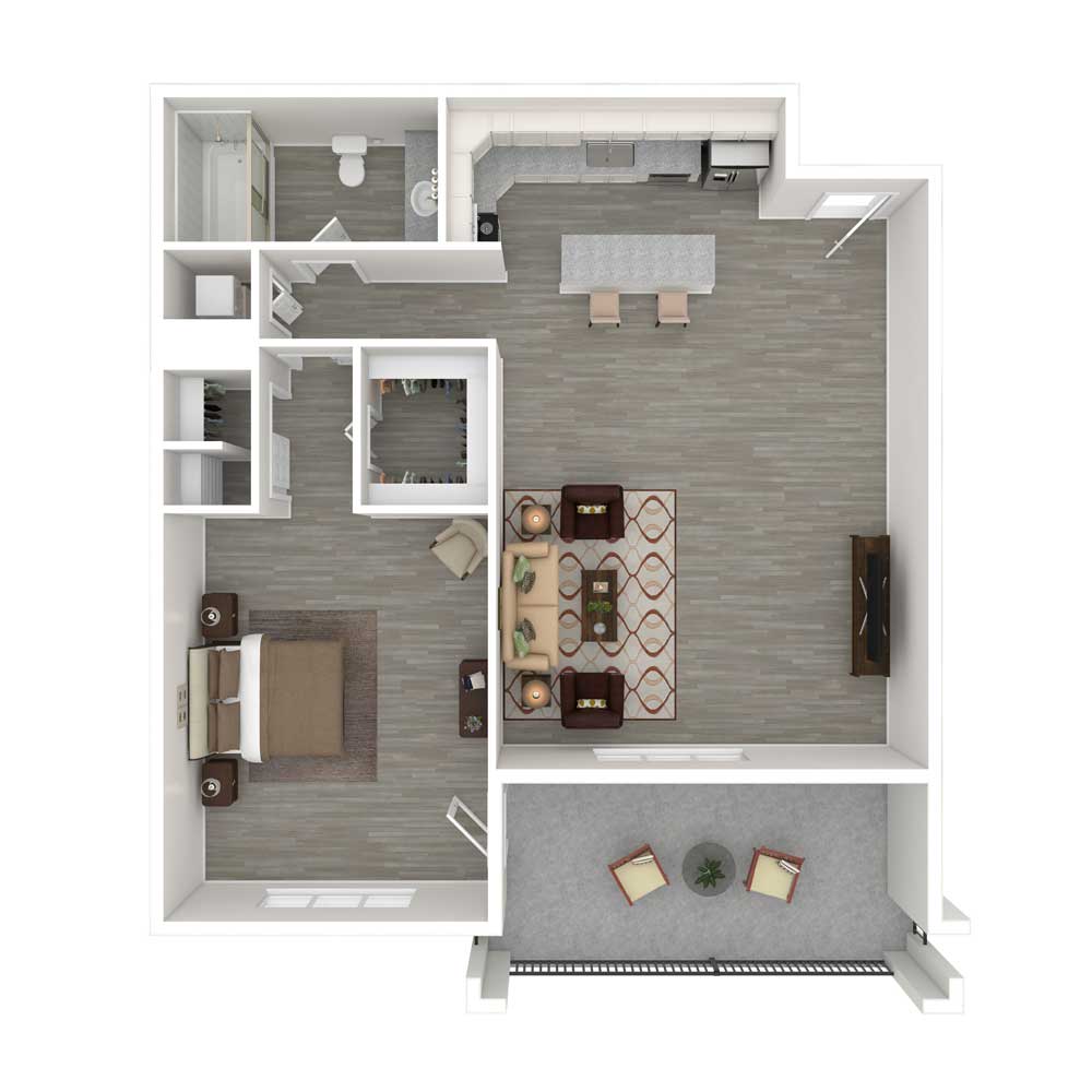 A floor plan of a one-bedroom apartment featuring a living room, kitchen, bathroom, and balcony.