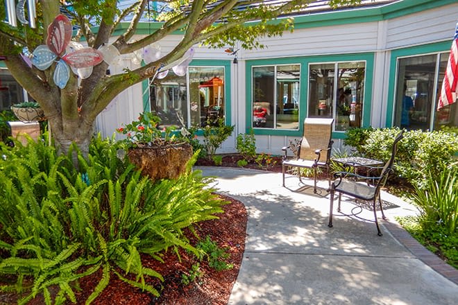 A peaceful patio surrounded by lush greenery and comfortable seating.