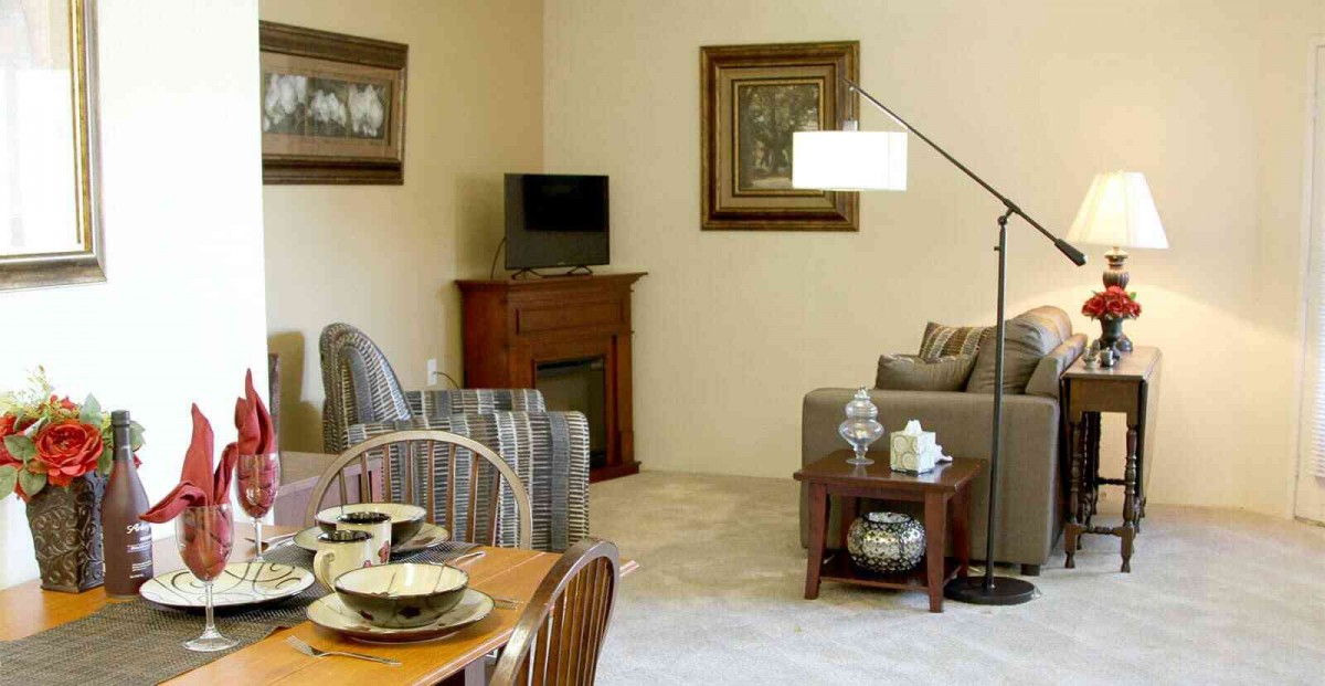 A cozy living room with a sofa, armchair, television, and a small dining area.