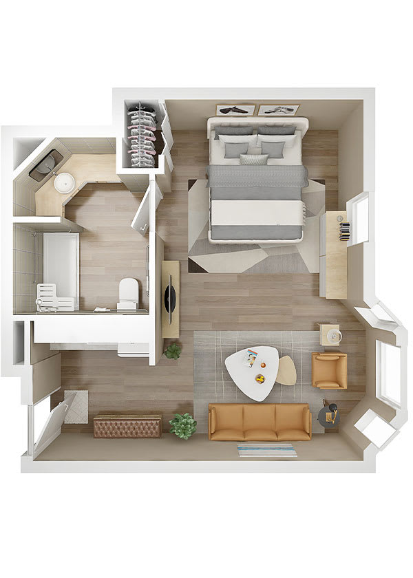 A modern apartment floor plan featuring a bedroom, bathroom, and open living space.