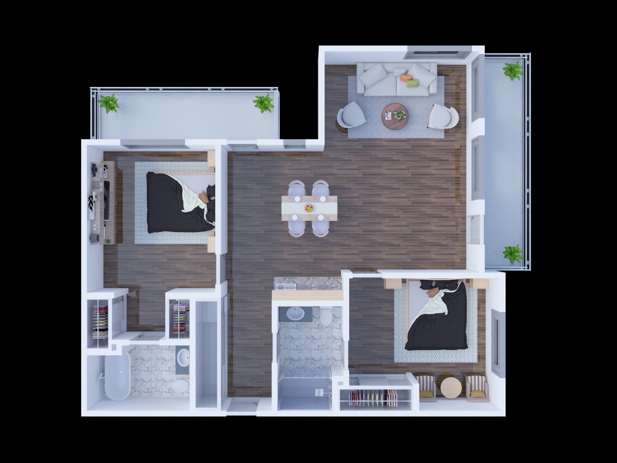A 3D floor plan of a modern two-bedroom apartment featuring a spacious living area, kitchen, and bathroom.