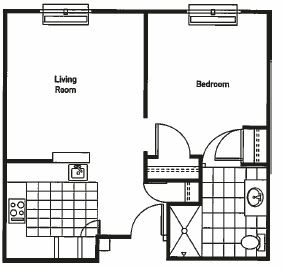 A simple floor plan showing a living room, bedroom, kitchen, and bathroom.