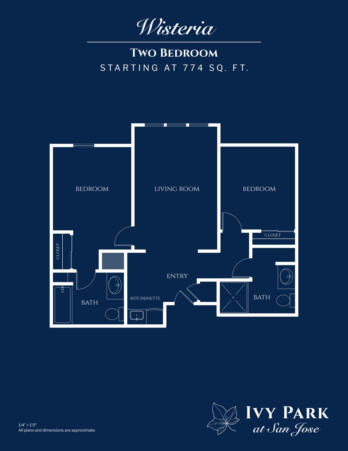 Two-bedroom apartment floor plan starting at 774 sq. ft.