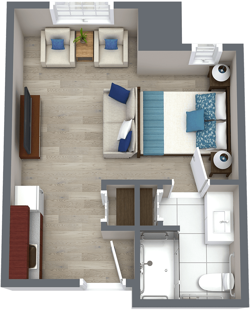 A 3D floor plan of a small apartment with a bedroom and living area.