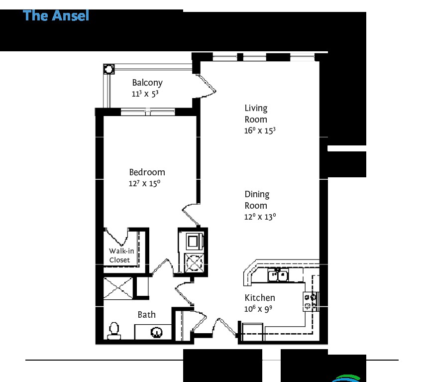 Floor plan of a one-bedroom apartment with a balcony, living room, kitchen, and bathroom.