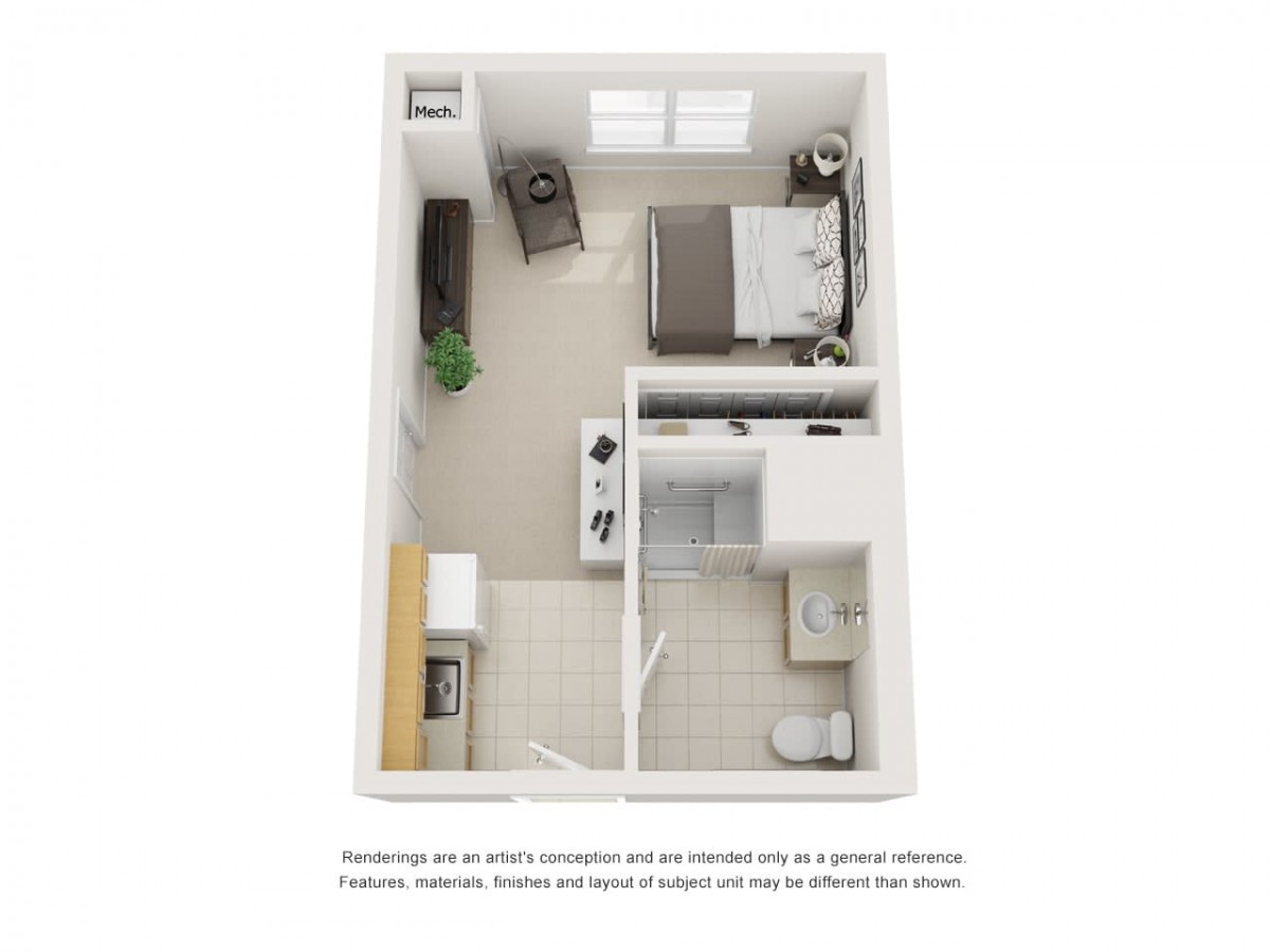 A 3D floor plan of a studio apartment showing the layout with a bed, kitchen, and bathroom.