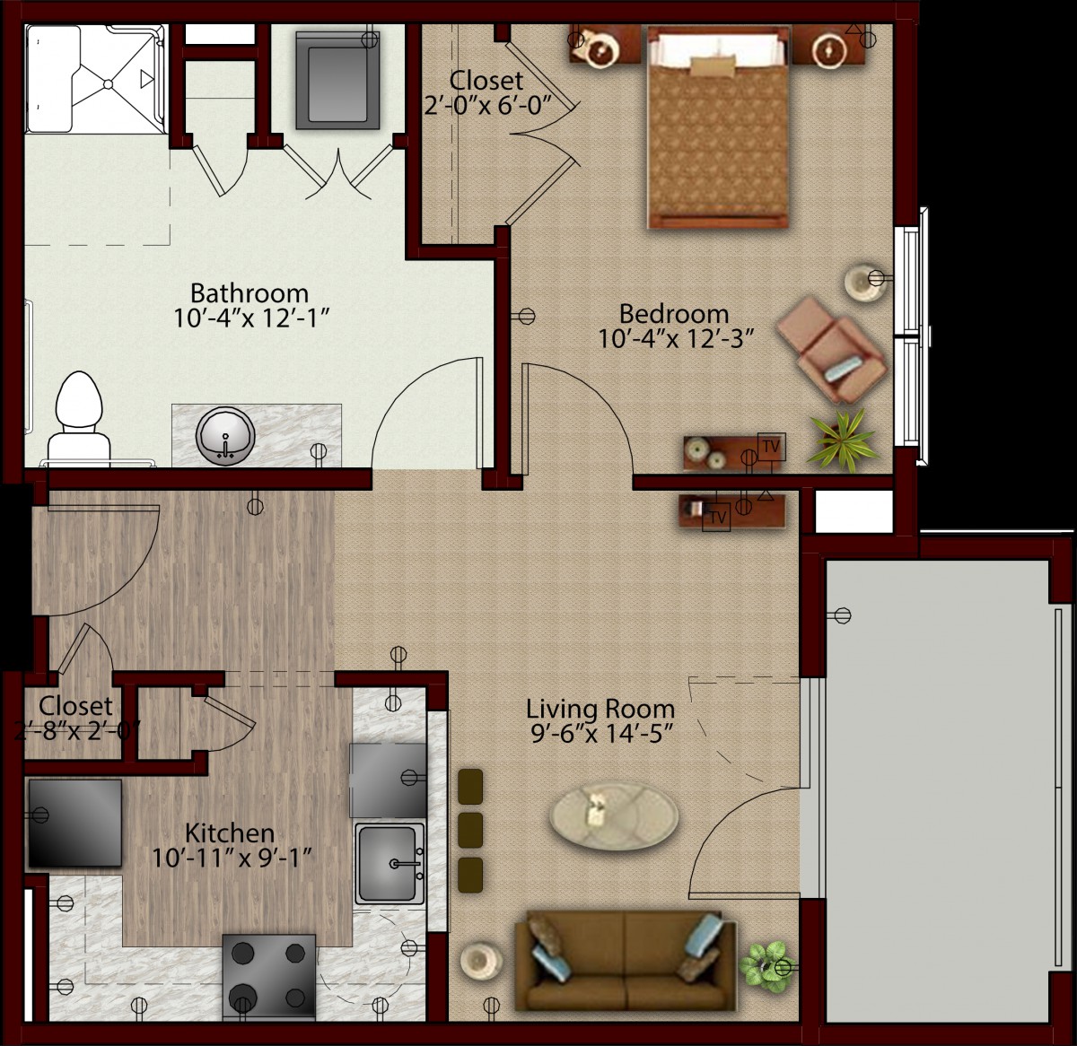A floor plan of a one-bedroom apartment featuring a living room, kitchen, bathroom, and closet.