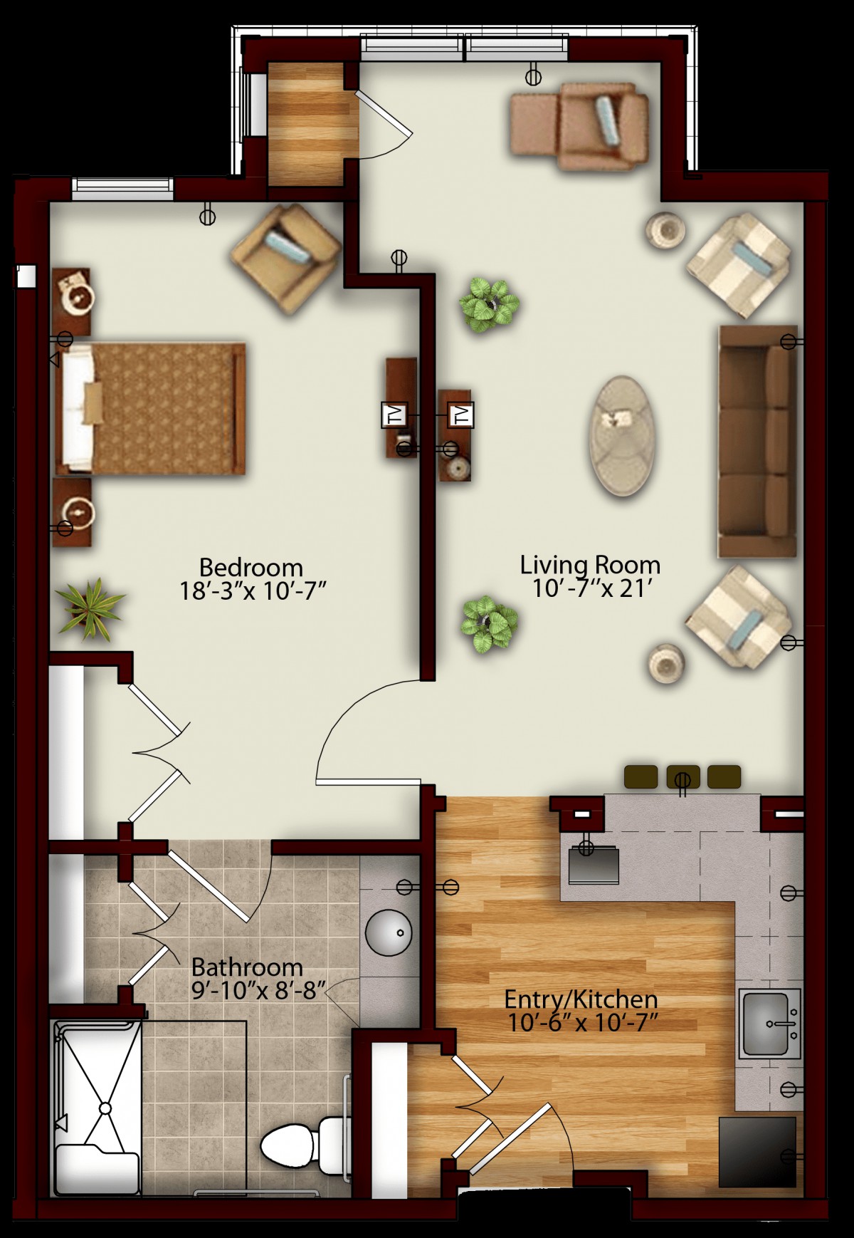 A detailed floor plan of a one-bedroom apartment, featuring a living room, kitchen, and bathroom.