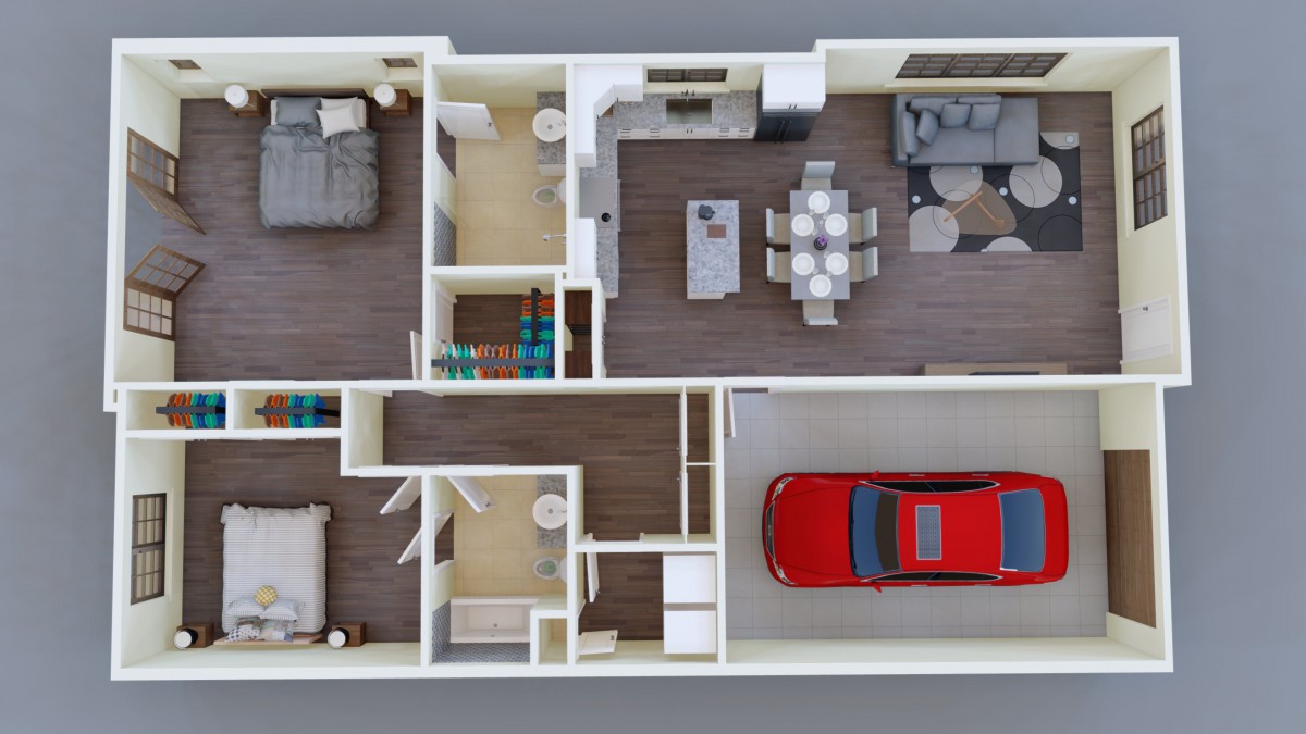 A 3D rendered floor plan showing a two-bedroom house with an open living and dining area, kitchen, bathroom, and garage.