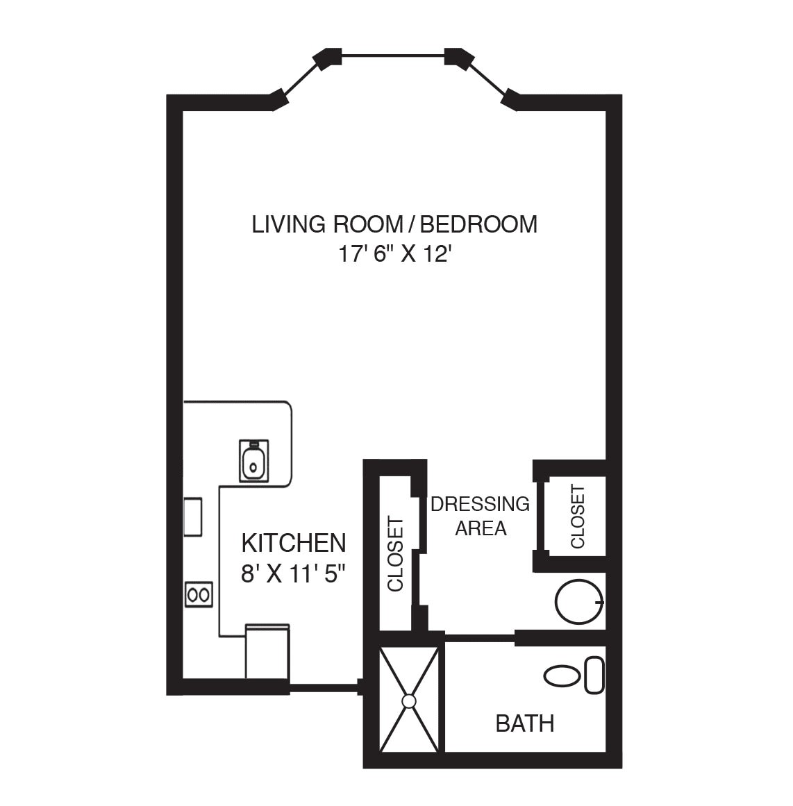 A floor plan of a studio apartment with designated areas for a kitchen, living room/bedroom, closet, and bathroom.