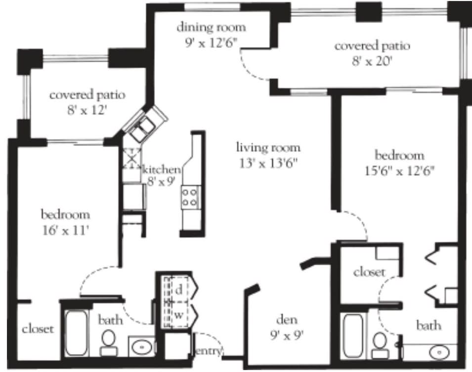 A detailed floor plan of a two-bedroom apartment with dimensions.