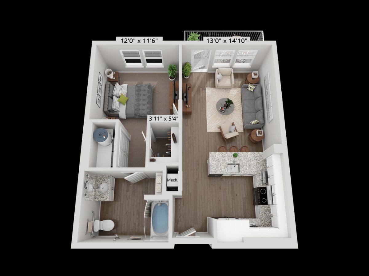 A 3D-rendered floor plan of a one-bedroom apartment featuring a living room, kitchen, and bathroom.