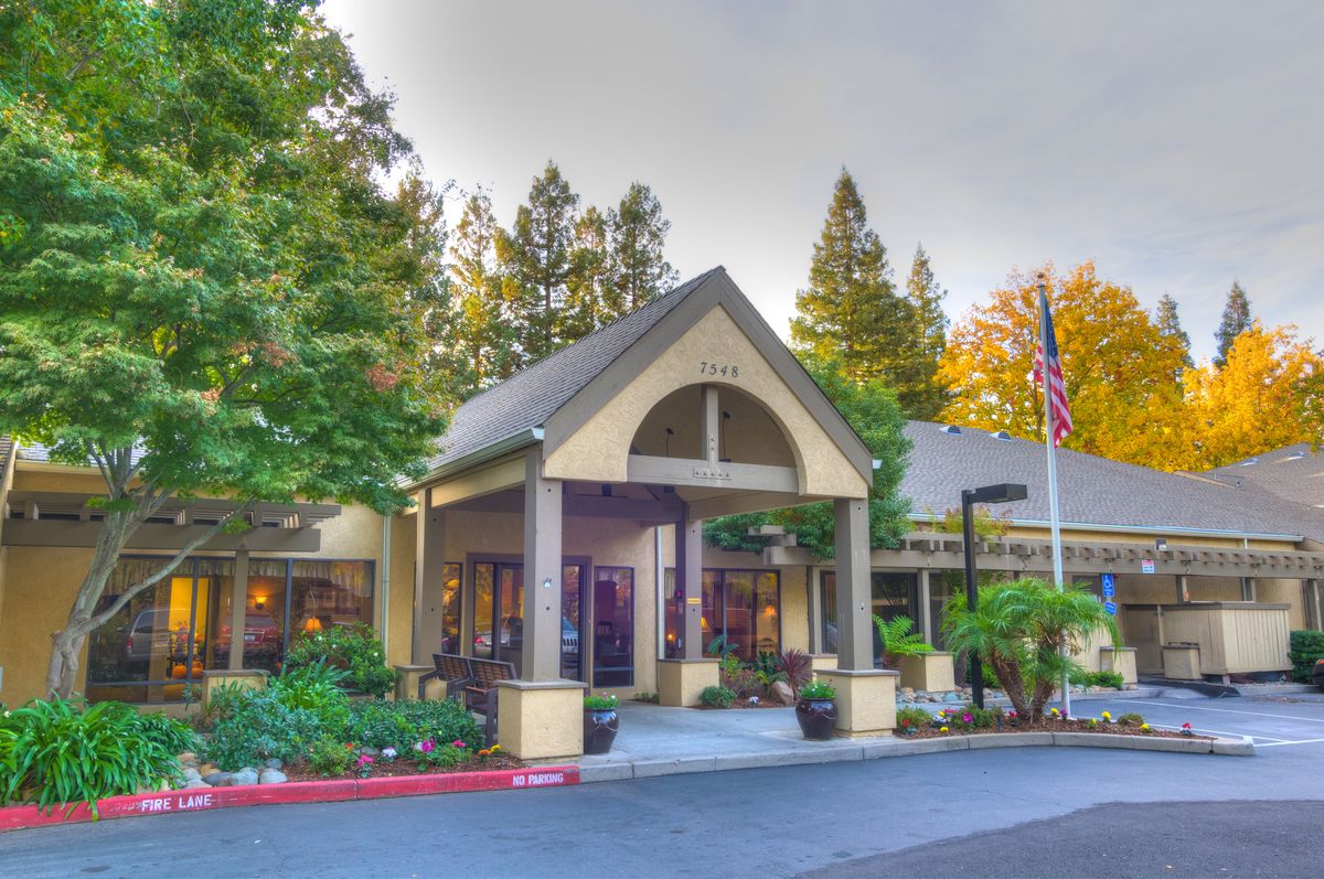 A welcoming building entrance surrounded by greenery and lush trees.