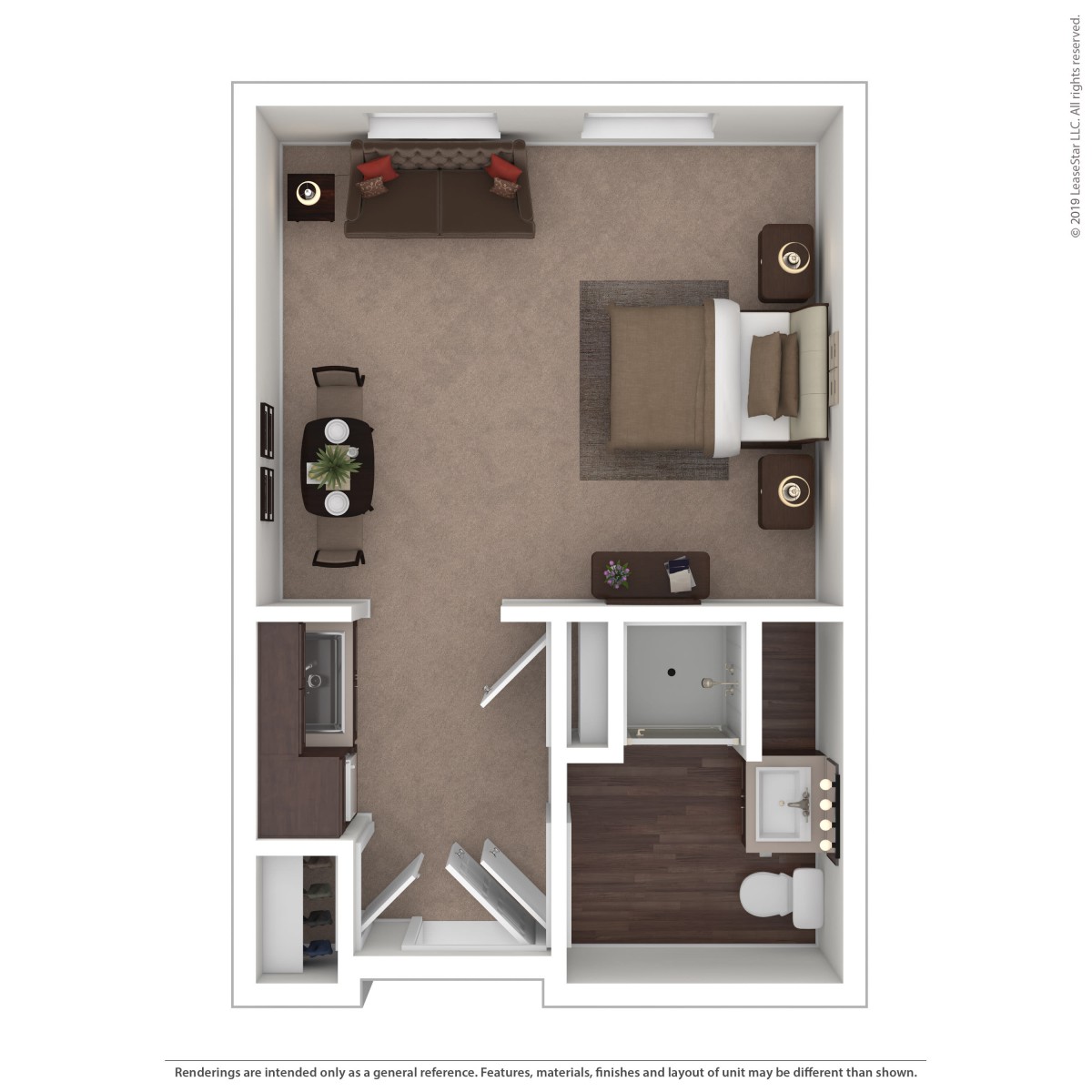 A top-down view of a one-bedroom apartment floor plan, featuring a living area, kitchen, bathroom, and bedroom.