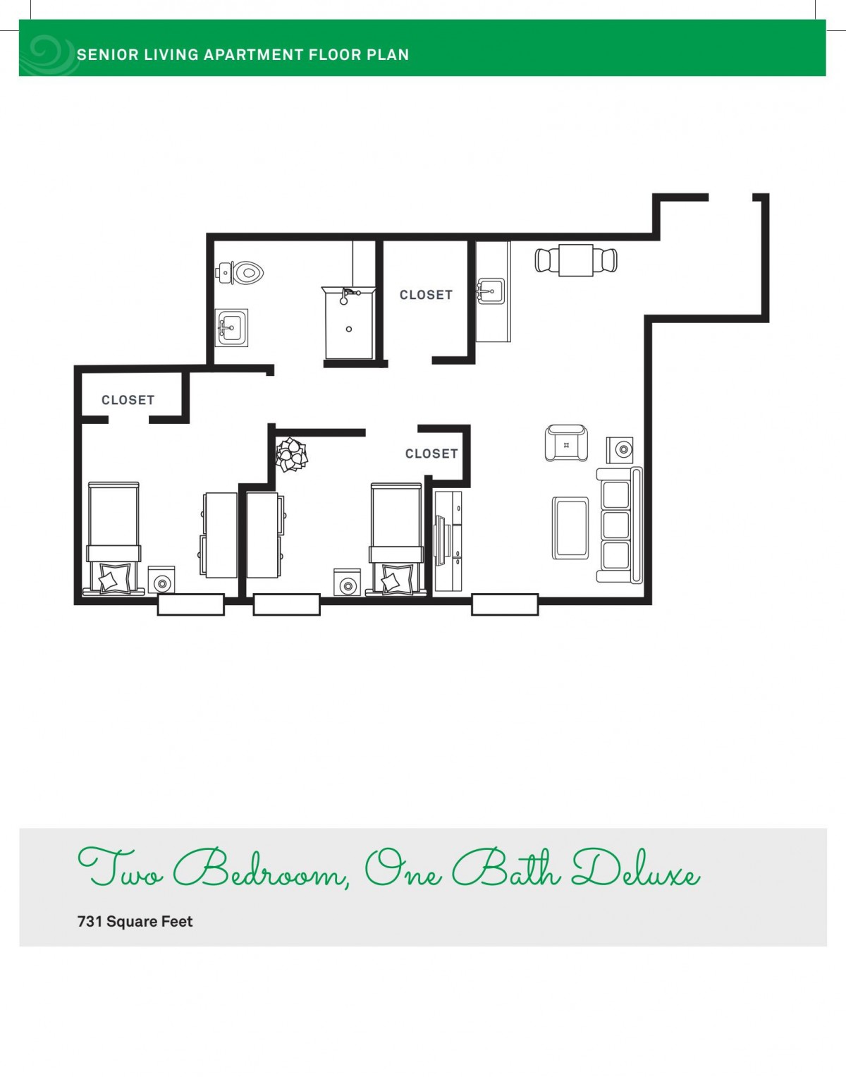 Two Bedroom, One Bath Deluxe Apartment Floor Plan