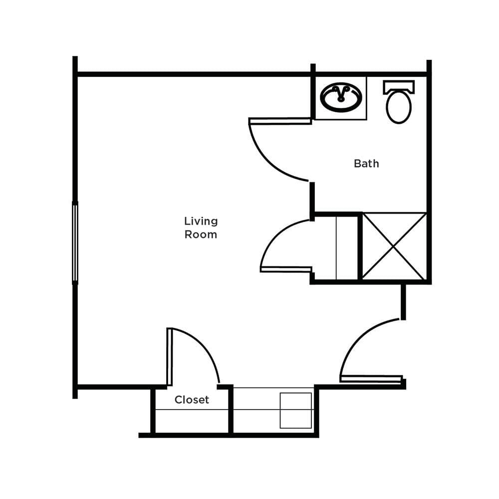 A simple floor plan featuring a living room, bathroom, and closet.