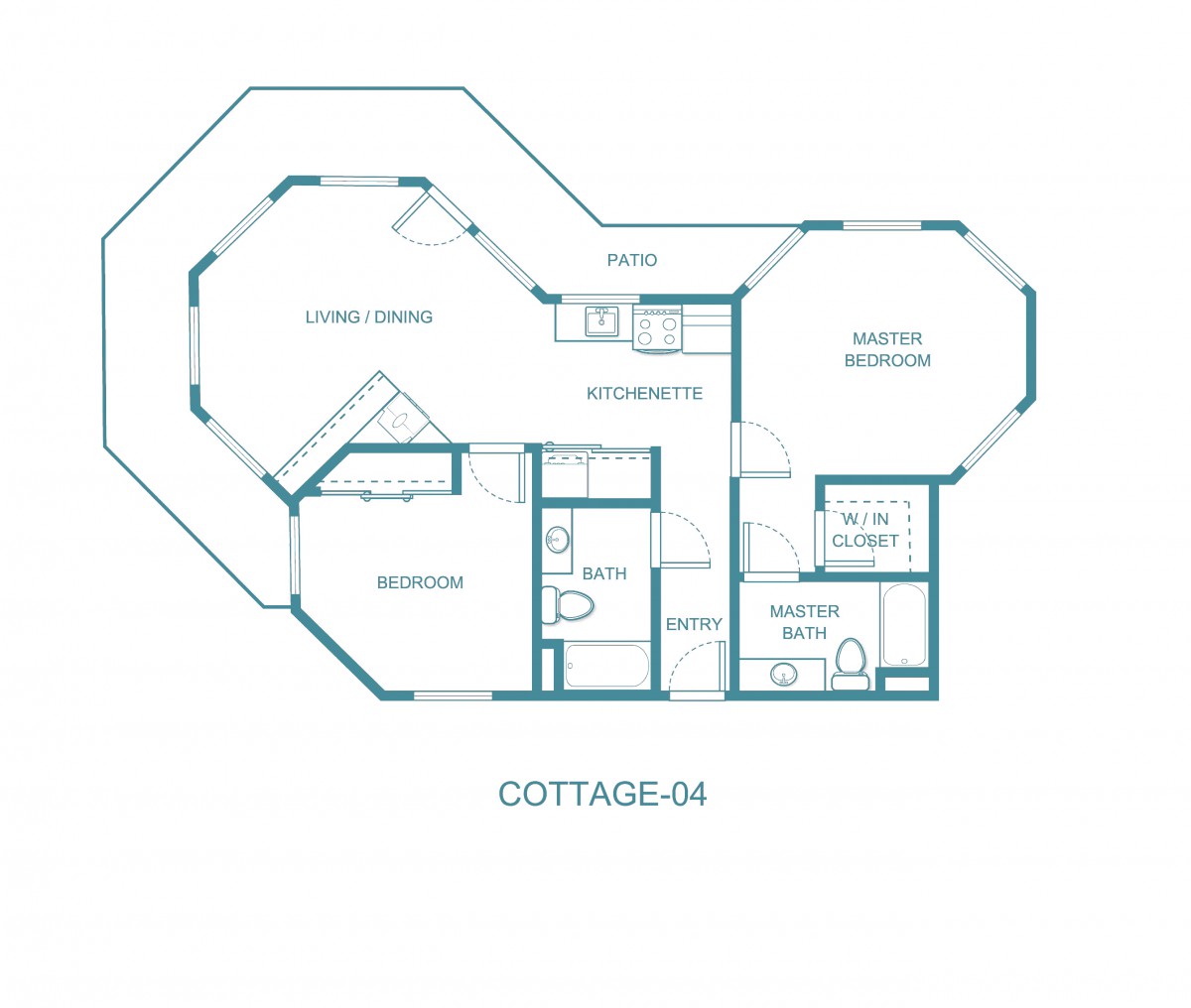 Floor plan of a single-story cottage with labeled rooms.