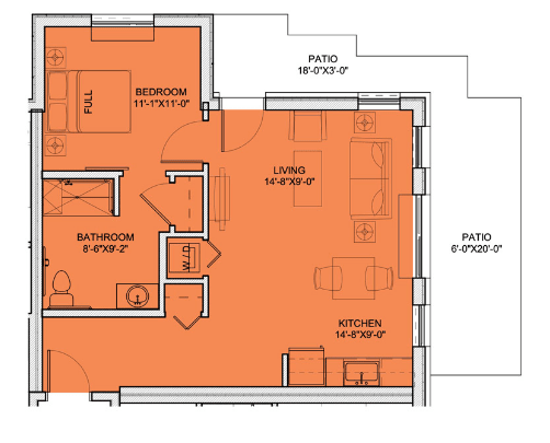 A detailed floor plan of an apartment showing the arrangement of rooms including a living area, kitchen, bedroom, and bathroom.