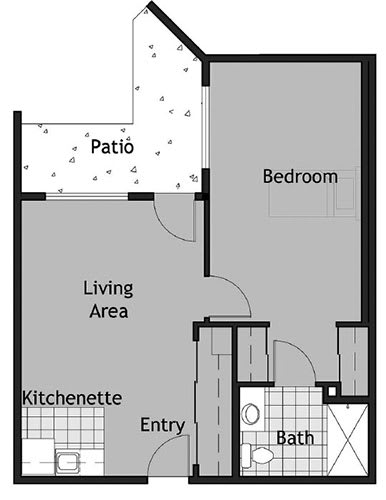 This is a floor plan of a small apartment featuring a living area, bedroom, kitchenette, bathroom, and patio.