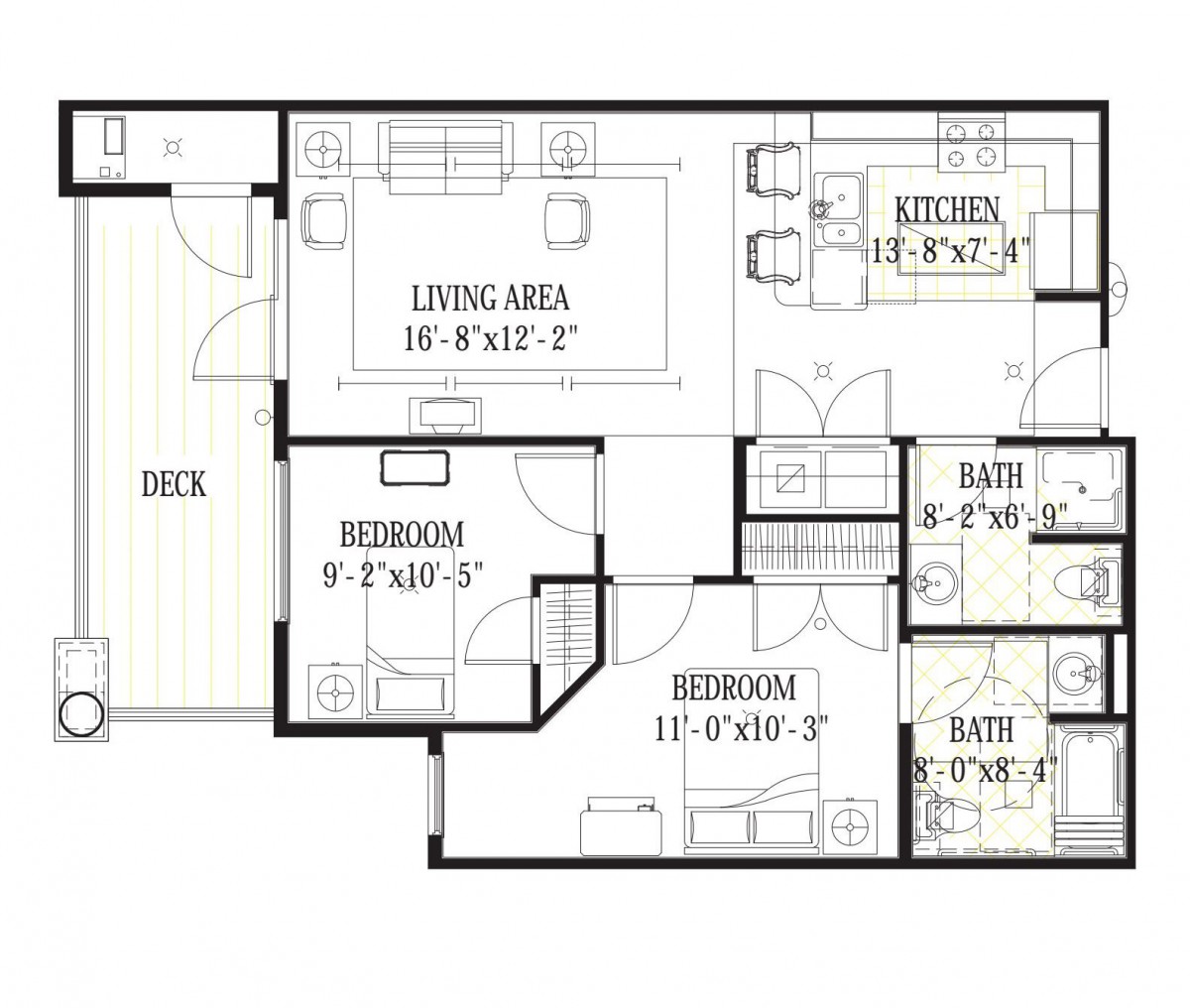 A floor plan showing the layout of an apartment with two bedrooms, a living area, kitchen, deck, and bathrooms.