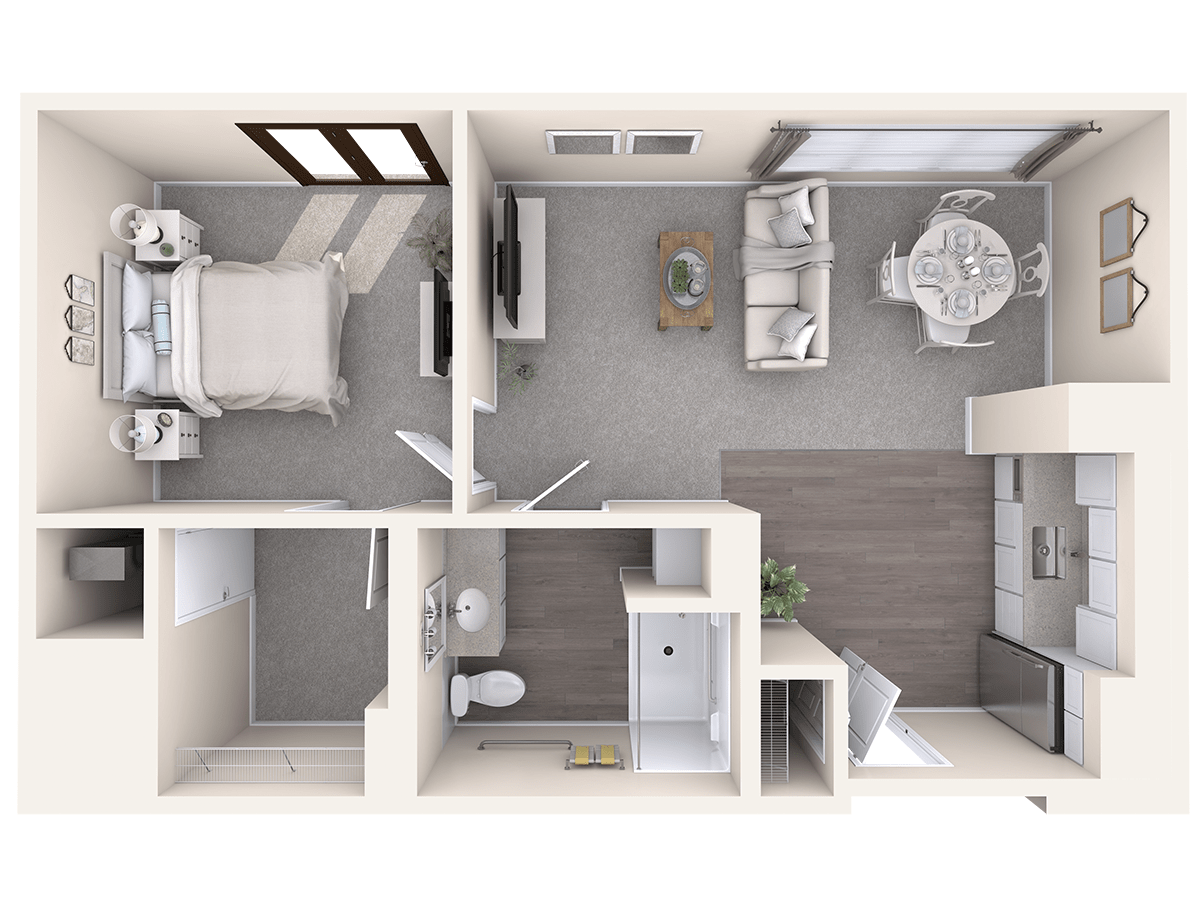 A top-view floor plan of a one-bedroom apartment featuring a living area, kitchen, bathroom, and bedroom.