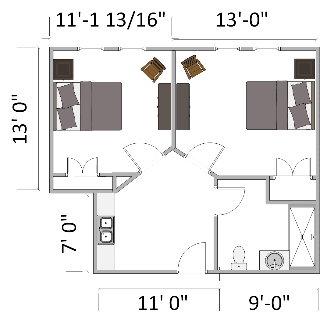 A floor plan showing the layout of an apartment with two bedrooms, a bathroom, and a kitchen area.