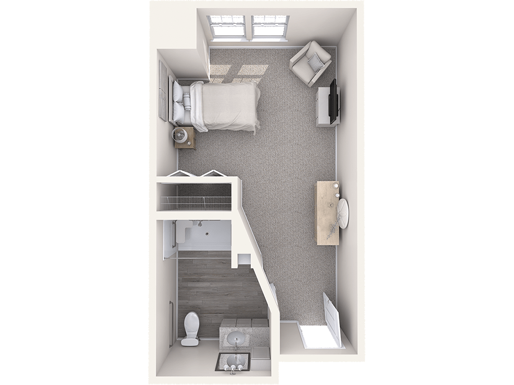 A top-down view of a compact studio apartment featuring a bedroom with a bed, desk, and chair, as well as an adjacent bathroom.