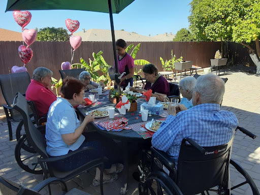 A joyful outdoor gathering for seniors, enjoying a meal together under the sun, accompanied by festive decorations.