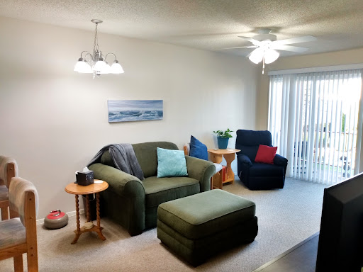 A cozy living room with green and blue furnishings, illuminated by natural light.