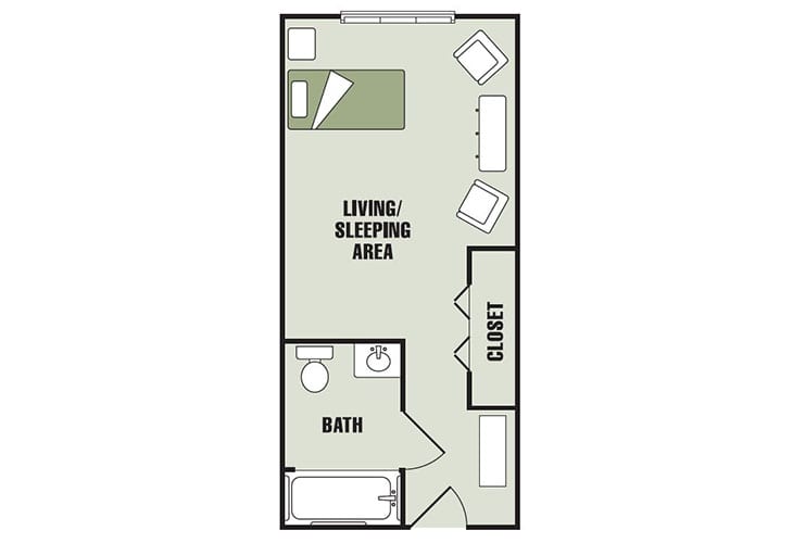 A floor plan of a studio apartment with combined living and sleeping area, bathroom, and closet.