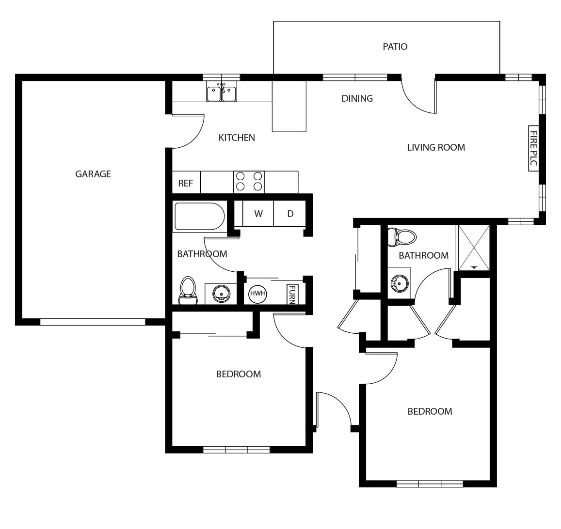 A detailed floor plan showing the layout of a house with two bedrooms, bathrooms, a kitchen, living room, and garage.